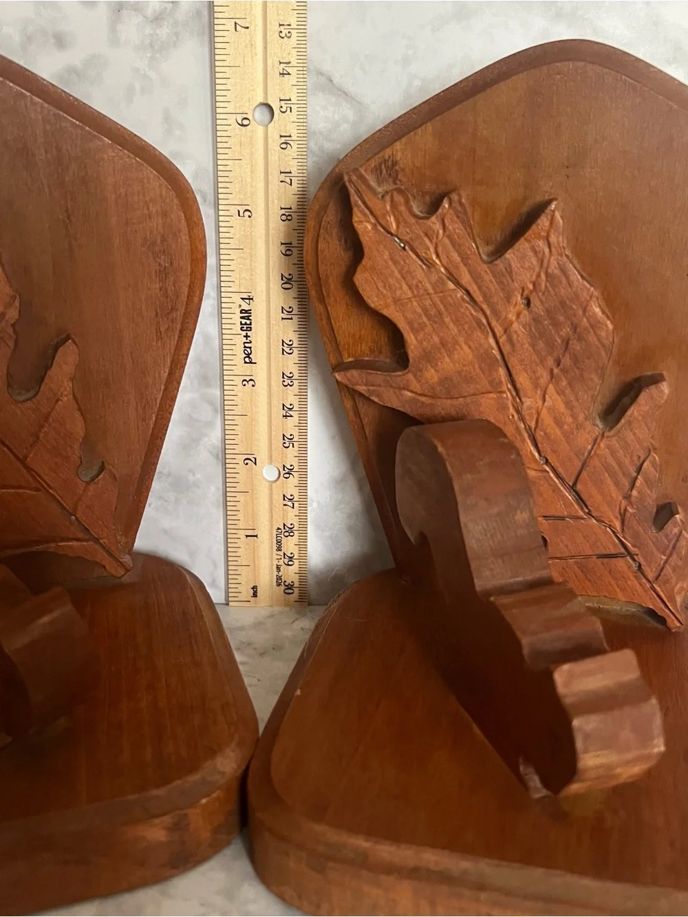 Handcrafted Brown Wooden Book Ends Leaf Accent